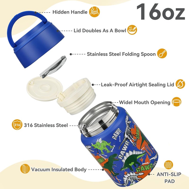Haweek Soup Thermo for Hot Food Kids 16oz Insulated Food Jar Leakproof Thermo Lunch Container for Kids Wide-Mouth Stainless Steel Lunch Box for School with Handle Folding Spoon(3+)​ - Image 4